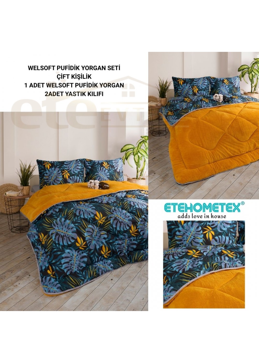 ETE HOMETEX ÇİFT KİŞİLİK LÜX WELSOFT YORGAN SETİ 195X215CM MONESTERA HARDAL 8696474231954